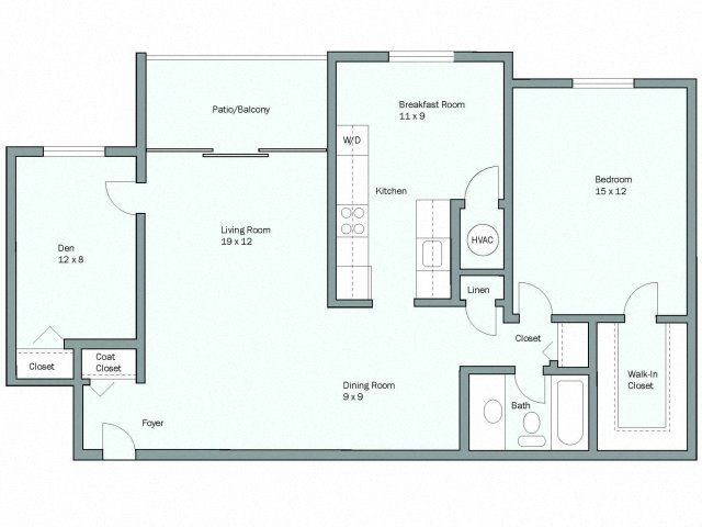 Floor plan for 1 bed, 1 bath, 1033 sqft